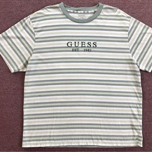 Guess Jeans USA Striped Green White Embroidered T Shirt Mens Size M 90s Vintage